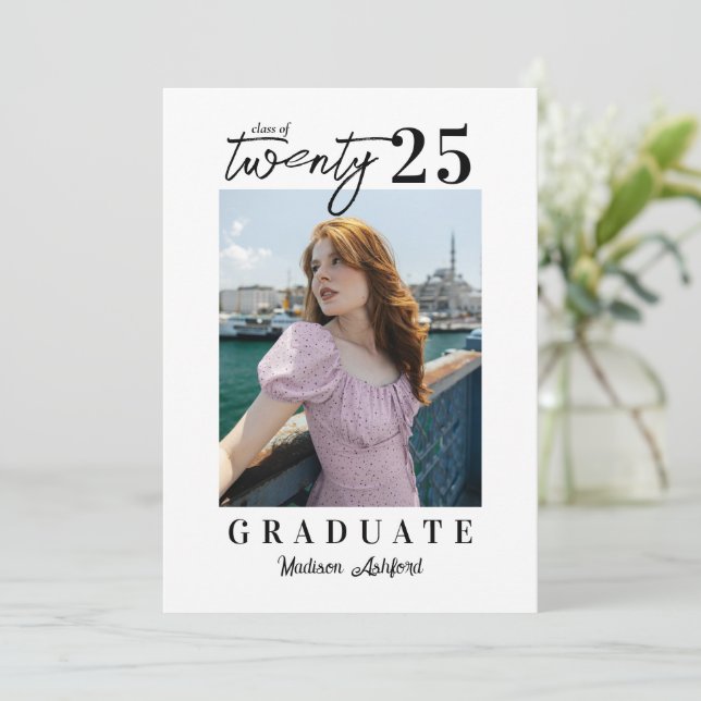 Modern Script White Black Photo Graduation Party Invitation (Standing Front)