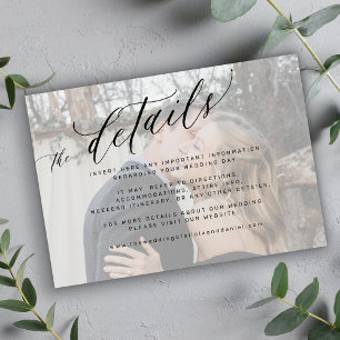 Modern script white faded photo wedding details enclosure card