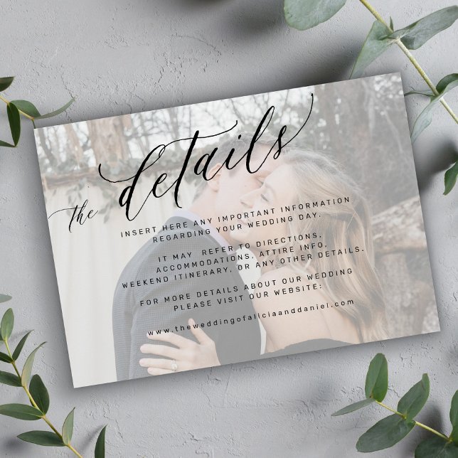 Modern script white faded photo wedding details enclosure card (Creator Uploaded)
