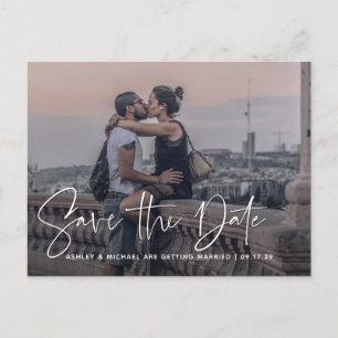 Modern Script White Overlay Photo Wedding  Announcement Postcard