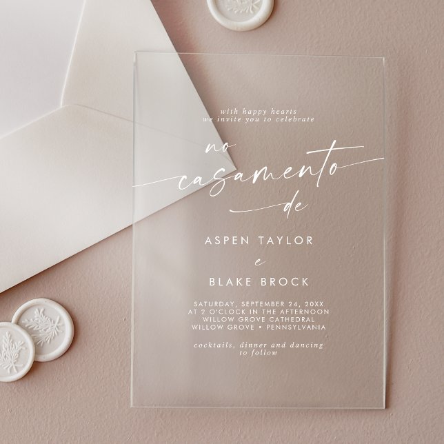 Modern Script White Portuguese Wedding Acrylic Invitations (Modern Script White Portuguese Wedding Acrylic Invitations)