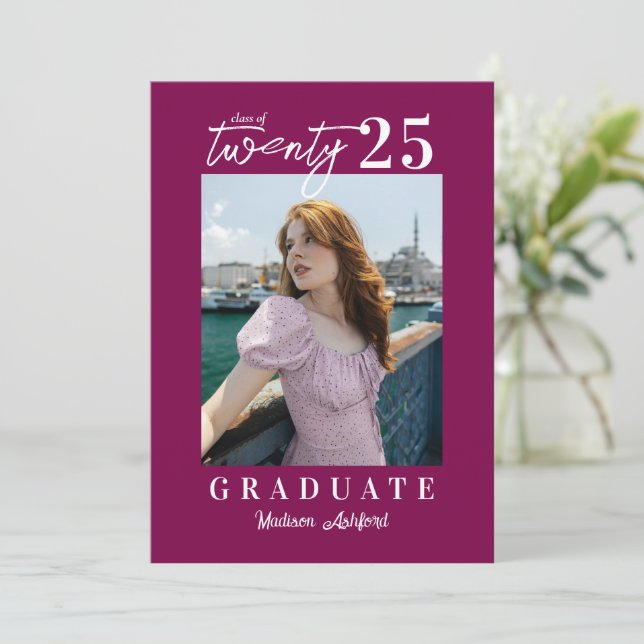 Modern Script Wine Photo Graduation Party Invitation (Standing Front)