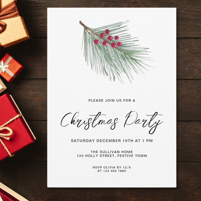 Modern Script Winter Berries Pine Christmas Party Invitation (Creator Uploaded)