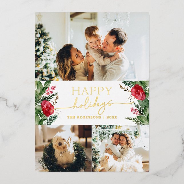 Modern Script Winter Botanical 3 Photo Gold Foil Holiday Card (Front)