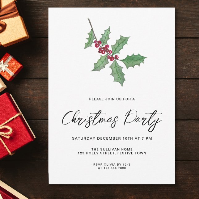 Modern Script Winter Holly Berries Christmas Party Invitation (Creator Uploaded)