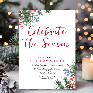 Modern Script Winter Holly Berries Holiday Soiree Invitation