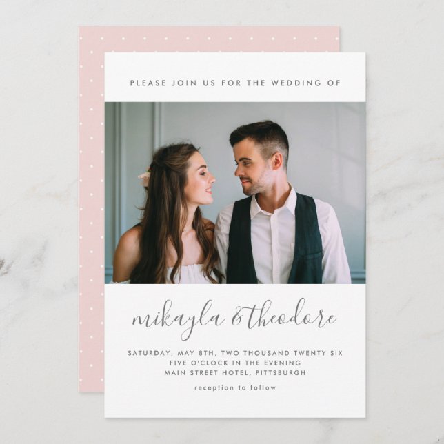 Modern Script with Dots and Photo Blush Wedding Invitation (Front/Back)