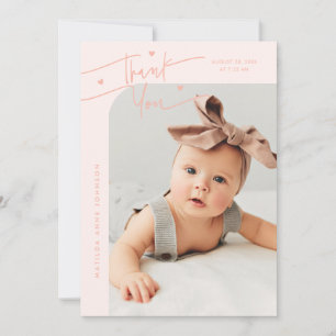 Modern Script with Heart Peach Photo Birth Announcement