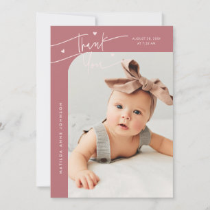 Modern Script with Heart Pink Photo Birth Announcement