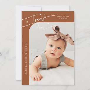 Modern Script with Heart Terracotta Photo Birth Announcement