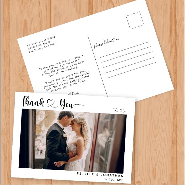 Modern Script with Heart Wedding Thank You Photo  Holiday Postcard (Creator Uploaded)