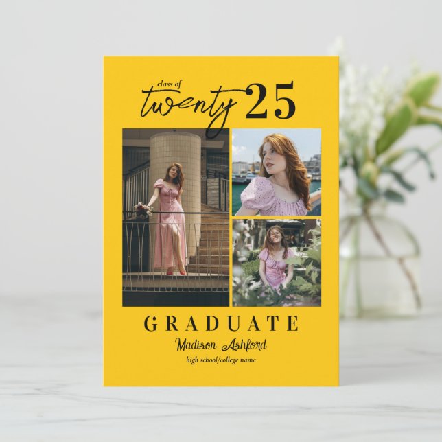 Modern Script Yellow 3 Photo Collage Graduation Announcement (Standing Front)