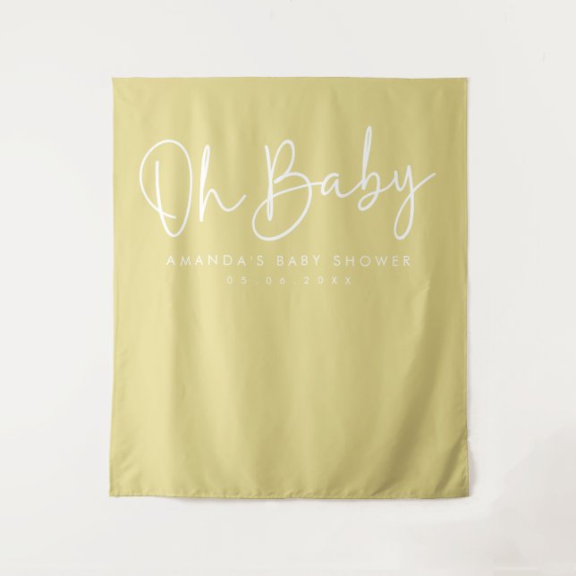 Modern Script Yellow Oh Baby Baby Shower Backdrop Tapestry (Front)