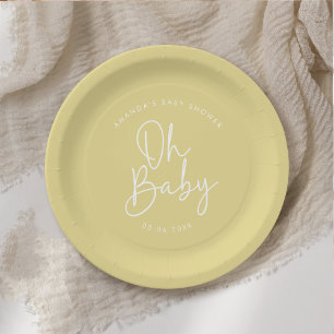 Modern Script Yellow Oh Baby Simple Baby Shower Paper Plate