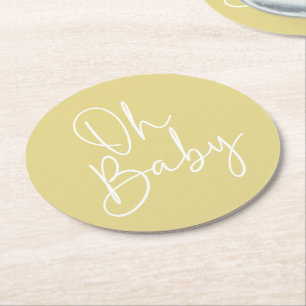 Modern Script Yellow Oh Baby Simple Baby Shower Round Paper Coaster
