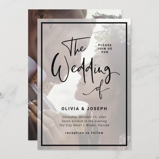Modern Script | Your Photo with Overlay Wedding Invitation (Front/Back)