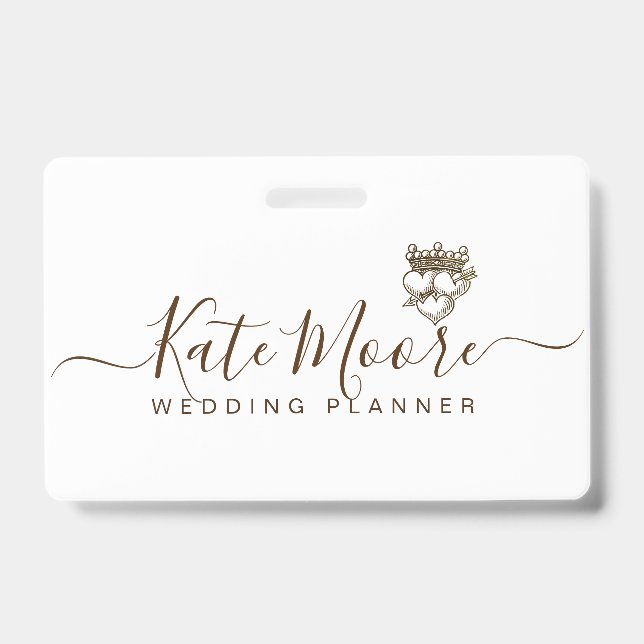 Modern Scripted Wedding Event Planner Hearts Crown ID Badge (Front)