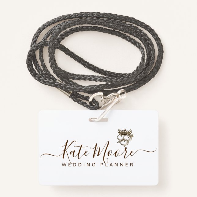 Modern Scripted Wedding Event Planner Hearts Crown ID Badge (Front with Lanyard)