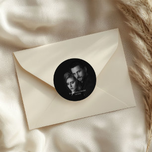Modern Scripty Black and White Photo  Classic Round Sticker