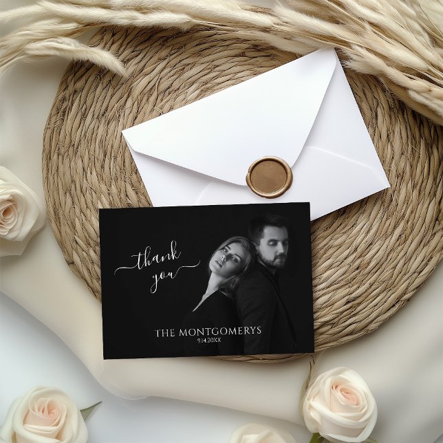 Modern Scripty Black and White Photo  Thank You Card (Creator Uploaded)