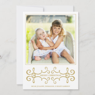 Modern Scrolls Faux Gold Foil Dots White Holiday Card