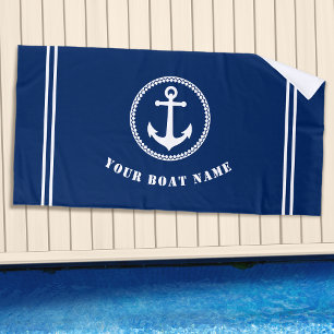 Modern Sea Anchor with Boat Name Navy Blue Beach Towel