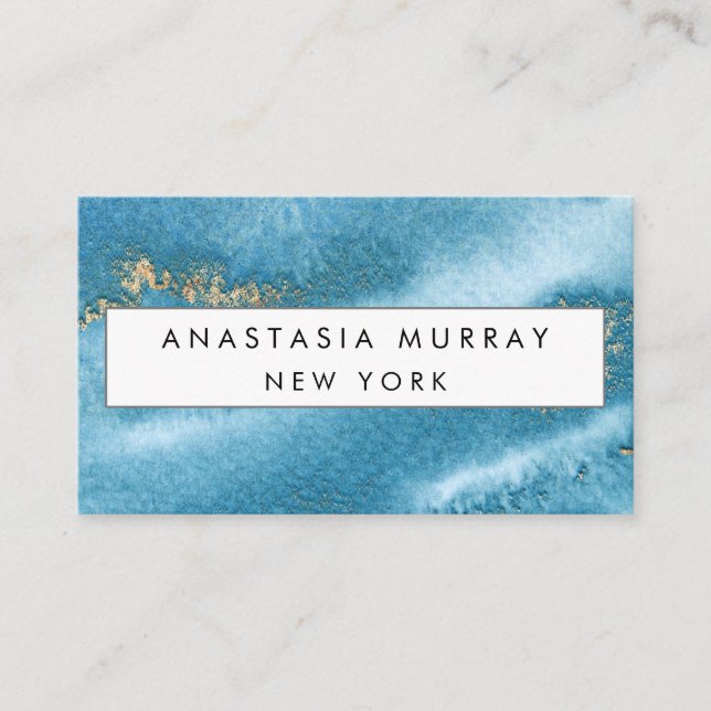 Modern Sea Blue and Gold Glitter Minimalist Luxury Business Card (Front)