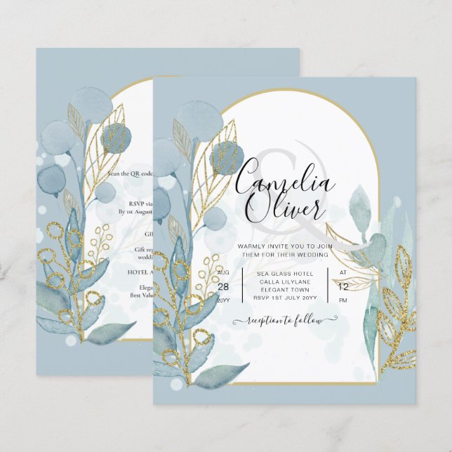 Modern Sea Glass Aqua Gold Leaves Wedding Invite (Front/Back)