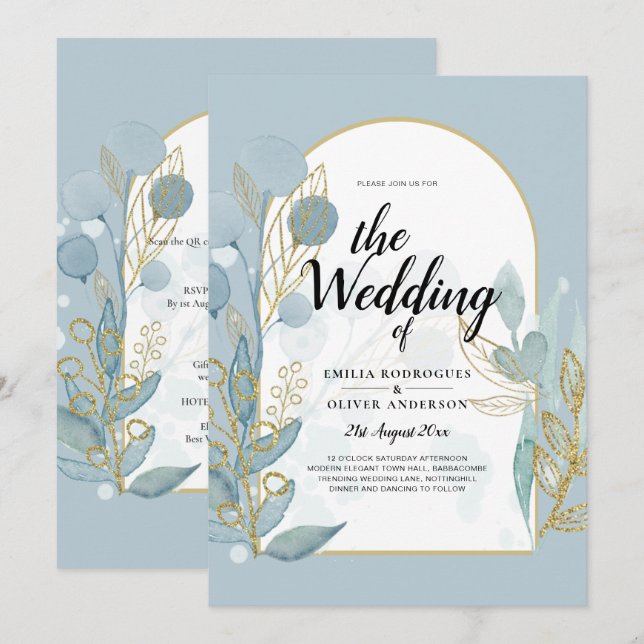 Modern Sea Glass Aqua Gold Leaves Wedding Invite (Front/Back)