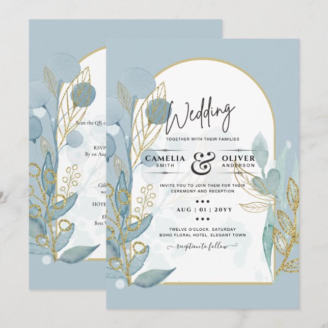 Modern Sea Glass Aqua Gold Leaves Wedding Invite (Front/Back)