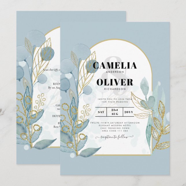 Modern Sea Glass Aqua Gold Leaves Wedding Invite (Front/Back)