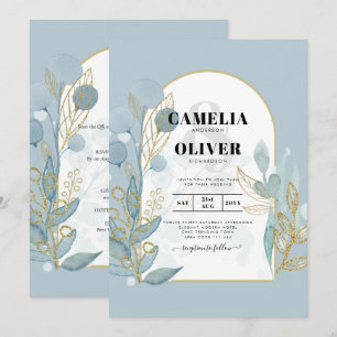 Modern Sea Glass Aqua Gold Leaves Wedding Invite