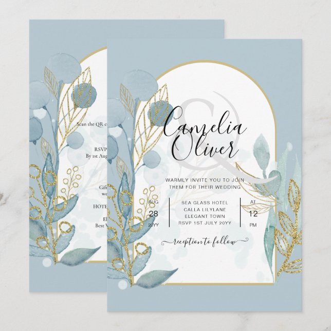 Modern Sea Glass Aqua Gold Leaves Wedding Invite (Front/Back)