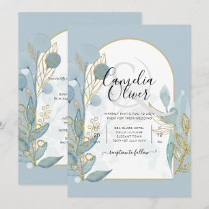 Modern Sea Glass Aqua Gold Leaves Wedding Invite