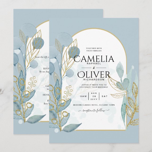 Modern Sea Glass Aqua Gold Leaves Wedding Invite (Front/Back)