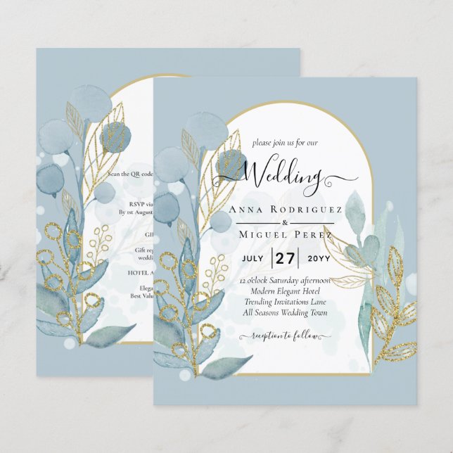 Modern Sea Glass Aqua Gold Leaves Wedding Invite (Front/Back)