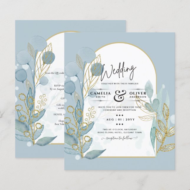Modern Sea Glass Aqua Gold Leaves Wedding Invite (Front/Back)