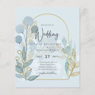 Modern Sea Glass Aqua Gold Leaves Wedding Invite Flyer