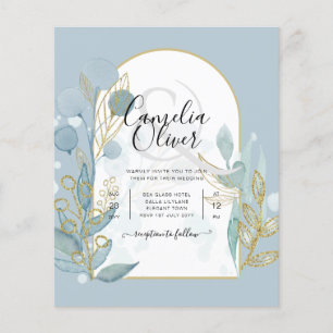 Modern Sea Glass Aqua Gold Leaves Wedding Invite Flyer