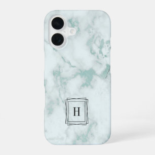 Modern Sea Green Marble Geometric Monogram iPhone 16 Case