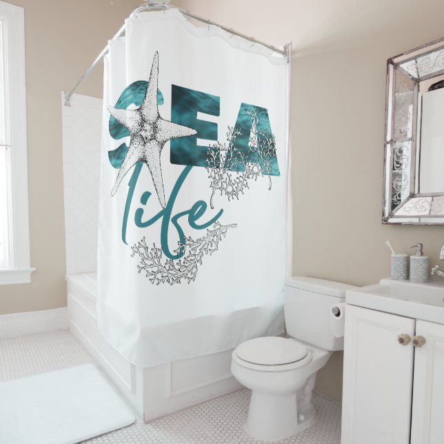 Modern sea life aqua teal blue typography starfish shower curtain (In Situ)