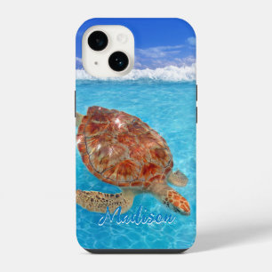 Modern Sea Turtle Blue Beach Personalised iPhone 14 Case