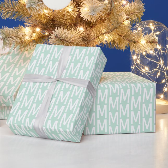 Modern seafoam mint green custom monogram initial wrapping paper (Holidays)