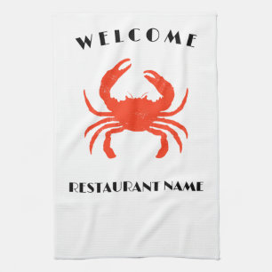 Modern seafood welcome red Crab custom Personalise Tea Towel