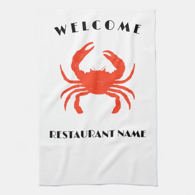 Modern seafood welcome red Crab custom Personalise Tea Towel (Vertical)