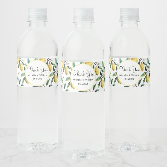 Modern Seamless Pattern Watercolor Wedding Lemon   Water Bottle Label (Bottles)
