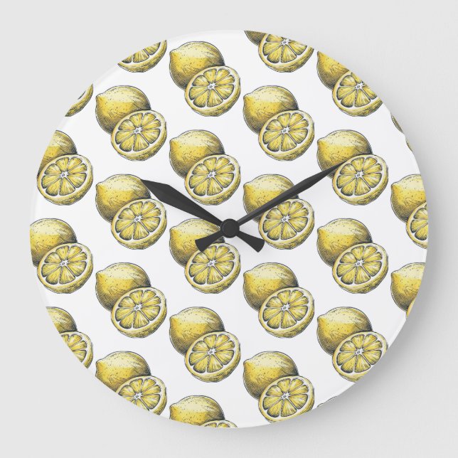 Modern Seamless Pattern Watercolor Yellow Lemon La Large Clock (Front)