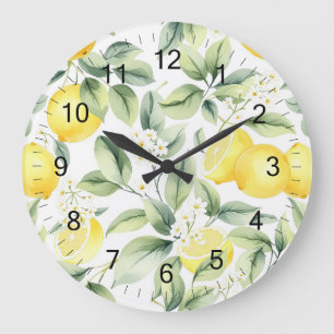 Modern Seamless Pattern Watercolor Yellow Lemon Large Clock