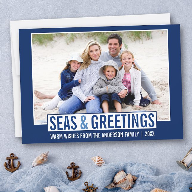 Modern Seas and Greetings Family Photo Blue Holiday Card (Customize to add text to back of card.)