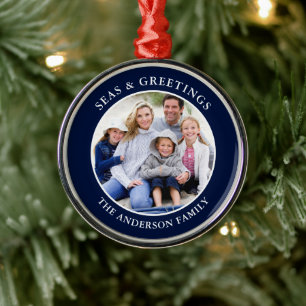 Modern Seas and Greetings Photo Blue Metal Tree Decoration